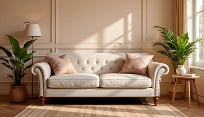 Fototapeta premium A cozy living room setting with two sofas, pillows, indoor plants, potted greenery, a wooden coffee table, and a window allowing natural light in