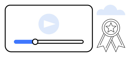 Video player with play button and progress bar next to a star-emblazoned award ribbon and cloud. Ideal for streaming, e-learning, certification, quality, recognition, training, success. Simple flat