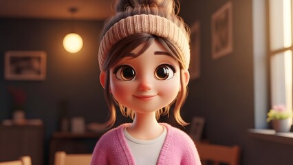 Cute 3D Cartoon Girl Portrait with Warm Cozy Lighting