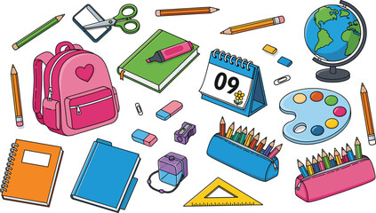 Large Vector Collection of Colorful School Supplies, Including Backpack, Globe, Stationery, Pencils, Scissors, Calendar, Notebooks, and Art Palette for Back to School and Education Graphics