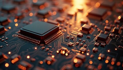 Close-up of electronic circuit board with glowing chips and warm lights for technological design