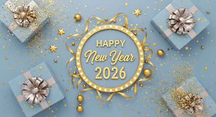 Top view of gift boxes, golden baubles and a luminous ring, representing celebration, upcoming year, new beginning, festive mood and holiday spirit