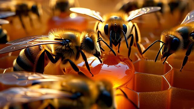 Macro worker bees crawling on golden honeycomb cells near a liquid honey drop in a cinematic style, illustrating organic agriculture.