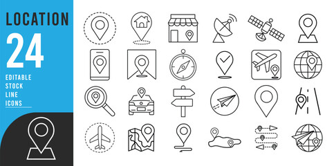 Location and Navigation Icons Set Editable Stroke GPS Pin Route Travel Destination Sign Post Map