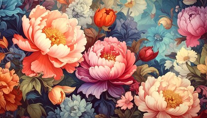 Colorful floral painting with vibrant peonies, tulips, and a variety of other blossoms on a leafy, patterned backdrop