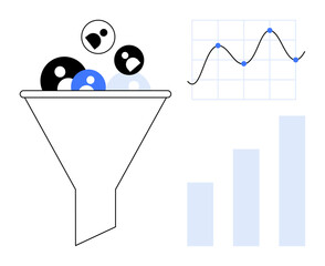 Data analytics concept. Data flows through a funnel to generate actionable insights. Data analytics through a funnel, graph, and bar chart. Ideal for business, marketing, decision-making, data