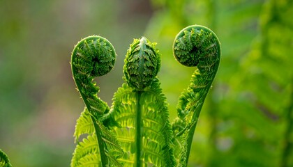 Close-up of three unfurling fern fronds, vibrant green against a soft, blurred background