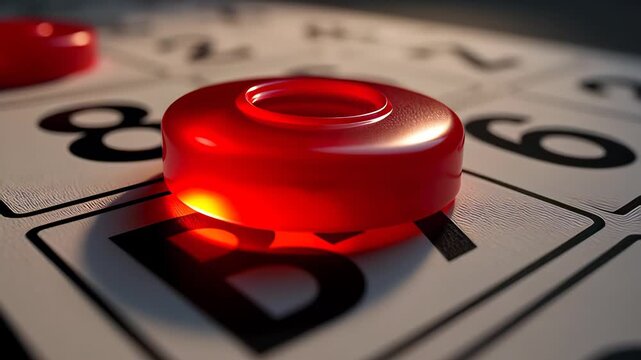 Translucent red bingo chips falling onto a textured game card in a cinematic 3D animation, illustrating luck and gambling concepts