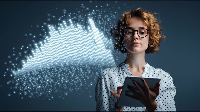 Tech Analyst at Work: A tech analyst, deeply engrossed in a technological tableau. She is shown in deep concentration, holding a tablet with a data visualization overlay.