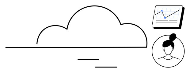 Cloud interface with a line chart on a screen and a user profile. Ideal for technology, data storage, analytics, teamwork, networking, user interaction, digital platform. Simple flat metaphor