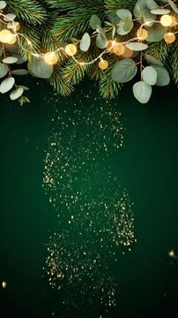 Garland Greenery christmas banner video, Lux garland greenery draped across top frame, soft sparkle dust, warm lights