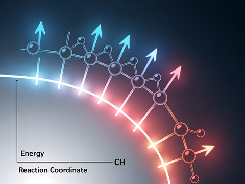 Molecular structure and energy diagram illustrating chemical reaction pathway