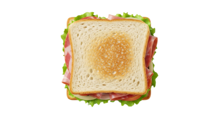 Freshly made sandwich with toasted white bread, crisp green lettuce, and savory meat slices, viewed from above, isolated on transparent background