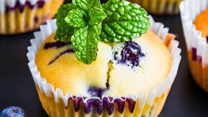 Delicious blueberry muffin topped with fresh mint