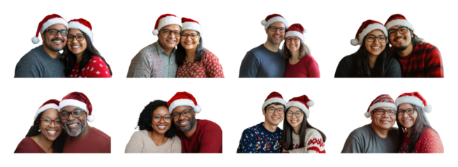 PNG Smiling couples wearing Santa hats, element set on transparent background