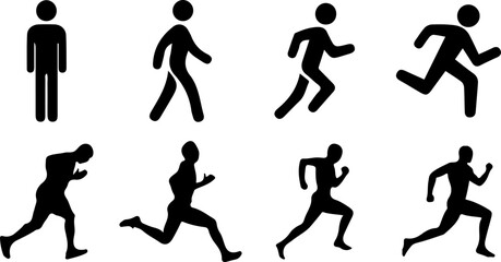 Vector set of black silhouettes of people running and playing soccer, football, and basketball action sports