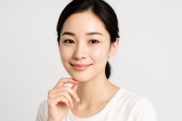 Minimal studio portrait of a calm smiling woman with healthy glowing skin, representing skincare, natural beauty, self care, wellness, and modern cosmetic lifestyle aesthetics.