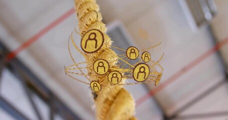 Yellow braided rope holding golden user orb appearing orbiting morphing camera rising showing depth - Powered by Adobe