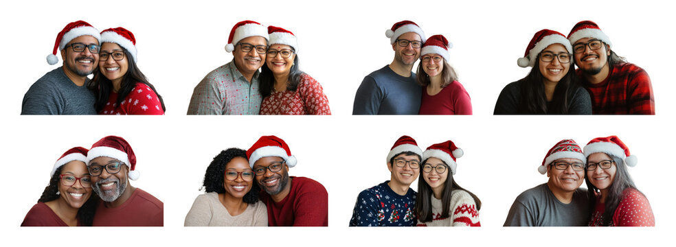 PNG Smiling couples wearing Santa hats, element set on transparent background