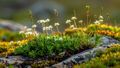 Close-up of tiny white flowers and green leaves sprouting from gray rock, backlit by the sun