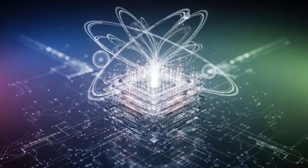 Glowing atom structure over digital circuit board with blue and green gradient atomic science