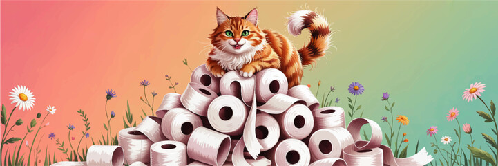 Cute ginger cat on toilet paper rolls in spring flower field, funny pet illustration on pastel gradient background, panoramic banner art