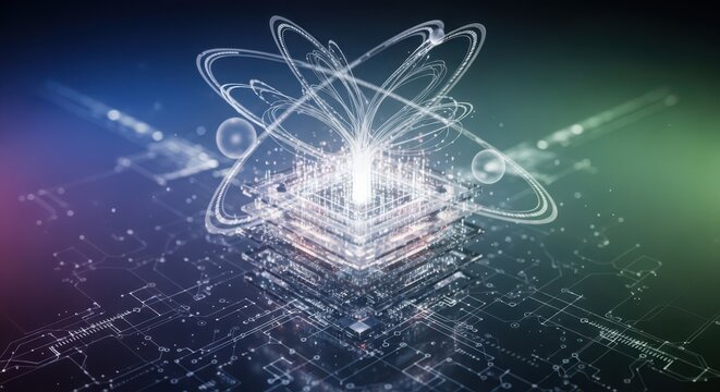 Glowing atom structure over digital circuit board with blue and green gradient atomic science