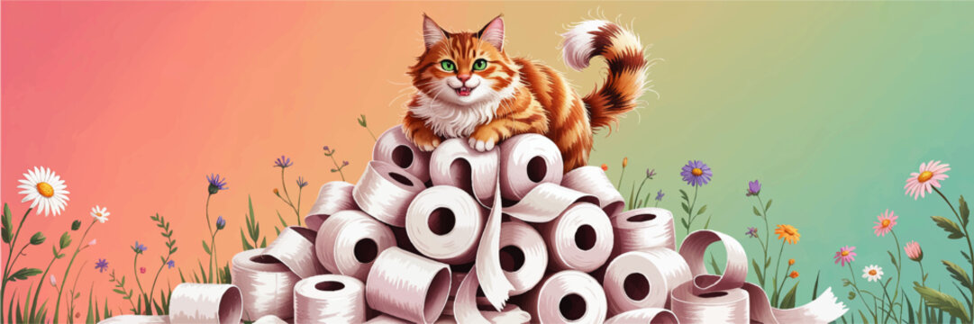 Cute ginger cat on toilet paper rolls in spring flower field, funny pet illustration on pastel gradient background, panoramic banner art