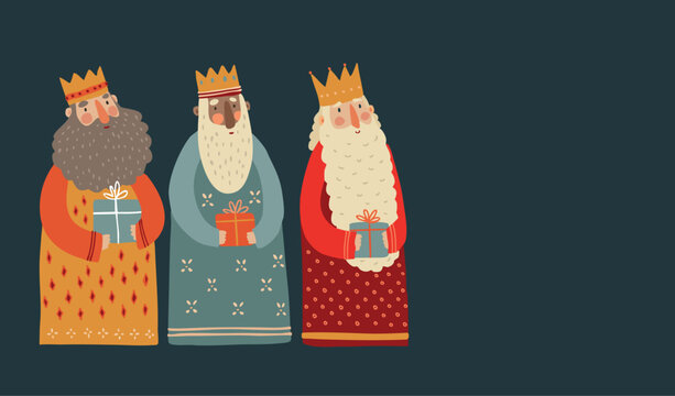 Christmas greeting card invitation. Biblical Three kings Caspar, Melchior, Balthazar bringing gifts isolated on night background. Dia de Reyes holiday. Happy epiphany vector illustration. Christianity