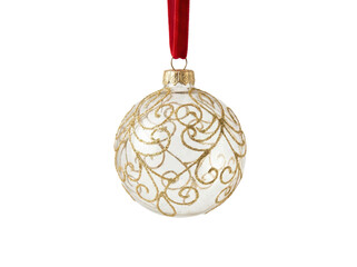 A decorative glass ornament with intricate gold patterns, featuring a red ribbon for hanging.