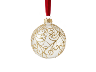 A decorative glass ornament with intricate gold patterns, featuring a red ribbon for hanging.
