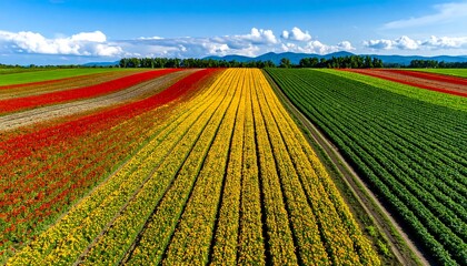 Colorful flower fields stretch toward a distant treeline under a bright blue, cloudy sky
