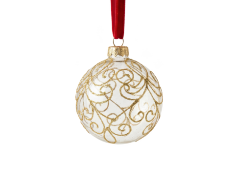 A decorative glass ornament with intricate gold patterns, featuring a red ribbon for hanging.
