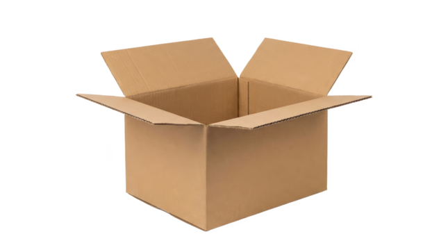 A simple cardboard box with flaps open, ready for storage or shipping.
