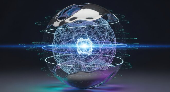 Futuristic glowing digital sphere with chrome shell and data streams technology