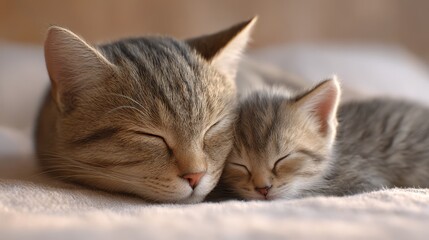 A mother cat and her playful kitten are resting side by side, basking in the warmth of the afternoon sun, enjoying a moment of quiet togetherness