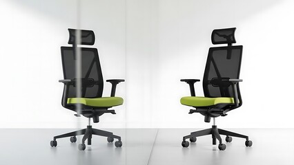 Two modern office chairs with green seats isolated on white background