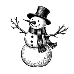 Classic snowman with top hat scarf and stick arms smiling Concept of Christmas decoration and winter joy - celebration - holiday icon