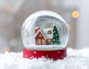 Christmas snow globe. Red house, green tree, faux snow. Lights blurred in background. Festive seasonal holiday image
