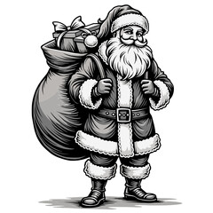 Monochrome black and white Santa Claus with sack over shoulder Concept of Christmas tradition in black and white illustration - holiday - festive symbol