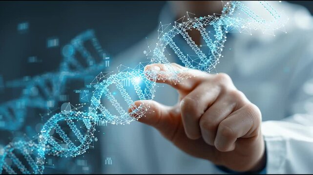 DNA Touch: A scientist's hand delicately interacts with a glowing DNA strand, symbolizing the intricate interplay between human intellect and the code of life. 