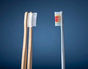 Close-up of toothbrushes, one wood, one plastic, bristles facing inward, on a blurred blue gradient background