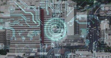 On startup cyan HUD animating over city, circuit traces spreading, pulsing reticle tracking traffic - Powered by Adobe