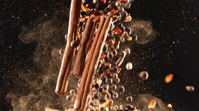 Explosion of Spices and Chili Peppers Falling in Slow Motion.