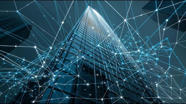 Architectural Pinnacle: A striking high-rise office building stands tall, interwoven with a network of digital connections.