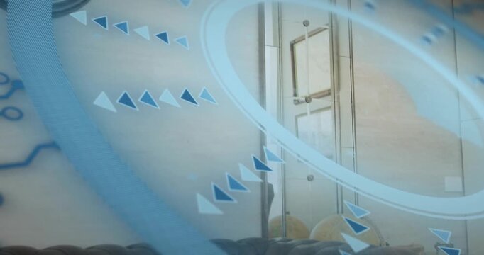 HUD activation moving translucent blue rings upward-right, sliding across room revealing clock