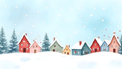 watercolor Christmas village background, hand-painted style, soft snowy textures, pastel houses, gentle blue sky, artistic brush strokes, warm festive feeling, high resolution.