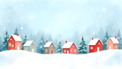 watercolor Christmas village background, hand-painted style, soft snowy textures, pastel houses, gentle blue sky, artistic brush strokes, warm festive feeling, high resolution.