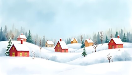 Naklejka premium watercolor Christmas village background, hand-painted style, soft snowy textures, pastel houses, gentle blue sky, artistic brush strokes, warm festive feeling, high resolution.