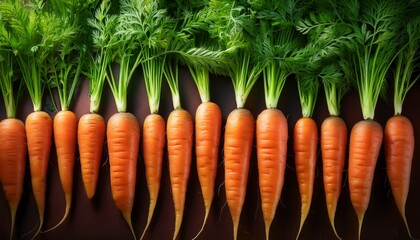 Vibrant Harvest A Perfect Orderly Row Of Fresh Carrots On A Lush Bed Of Green Tops